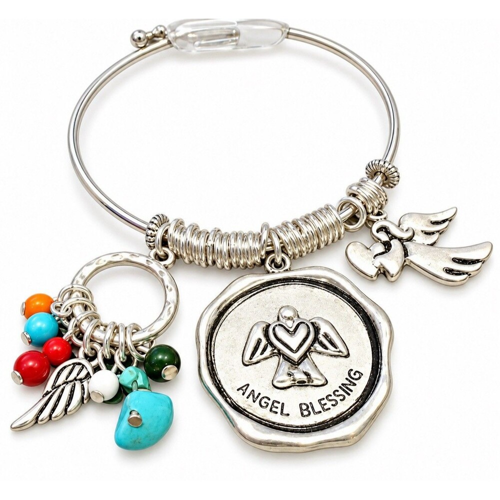 Angel Blessing Charm Bracelet Colorful Beaded Silver Tone Bangle Spiritual Gift